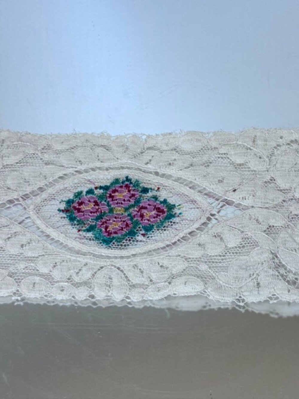 1930's Normandy Net Tulle Lace with Rose Motif Embroidery Panels